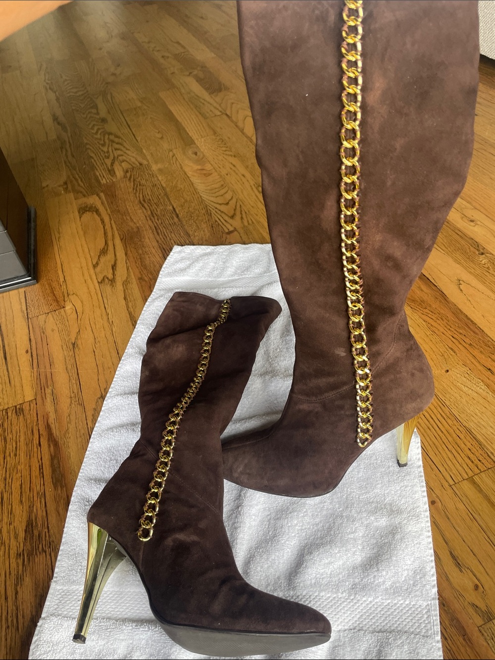Over-the-Knee Brown Suede Boots with Gold Chain Detail